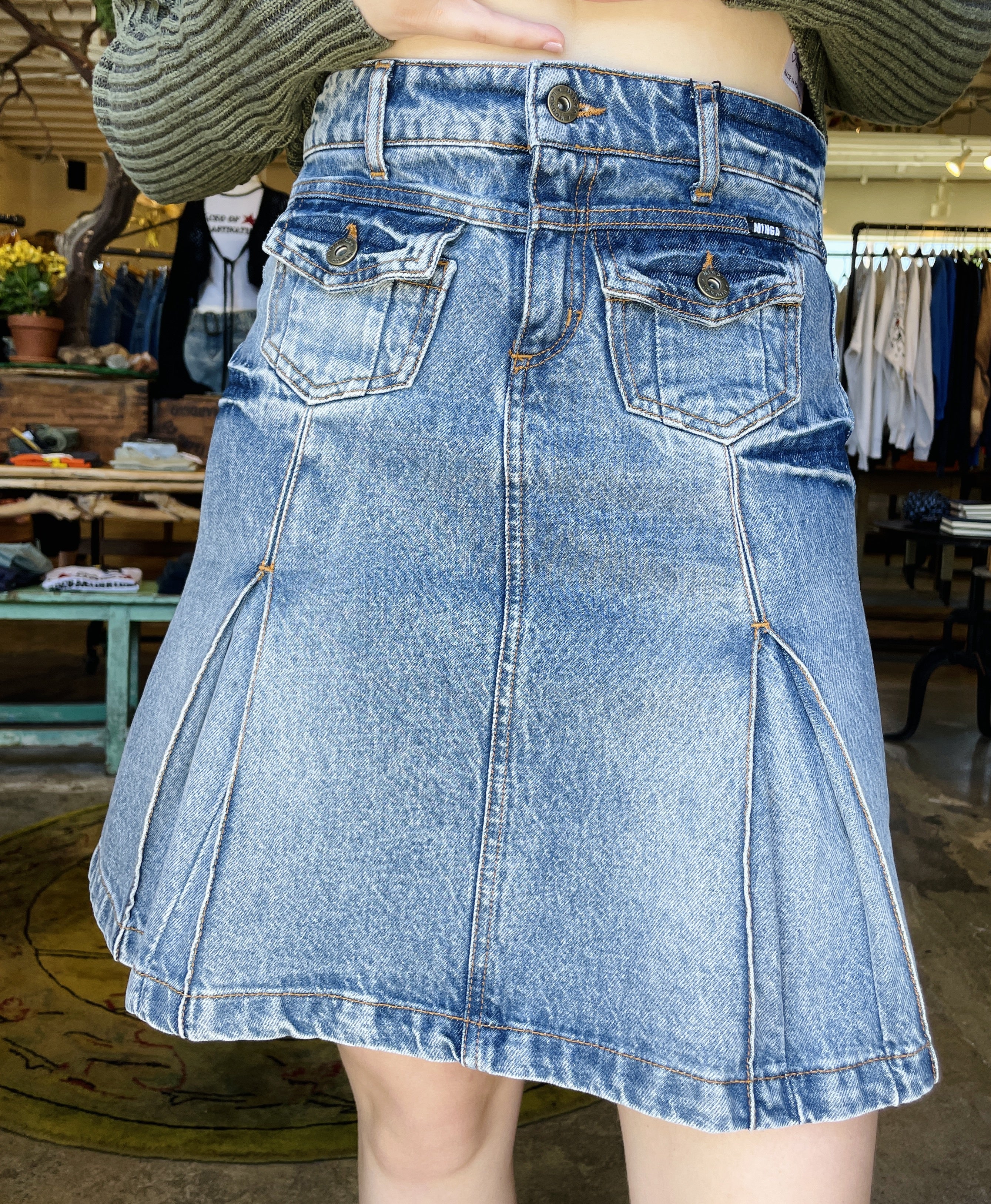 Denim Pleated Midi Skirt